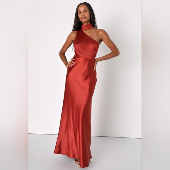 Lulus sz xs Intriguing Essence Rust Satin Asymmetrical Halter Maxi Dress new - Picture 1 of 8